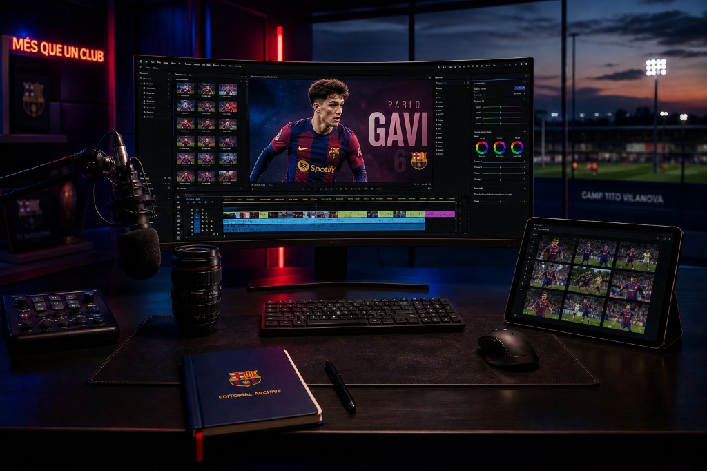 Editing suite and workspace themed around Gavi and Barcelona — timeline, references, and match footage